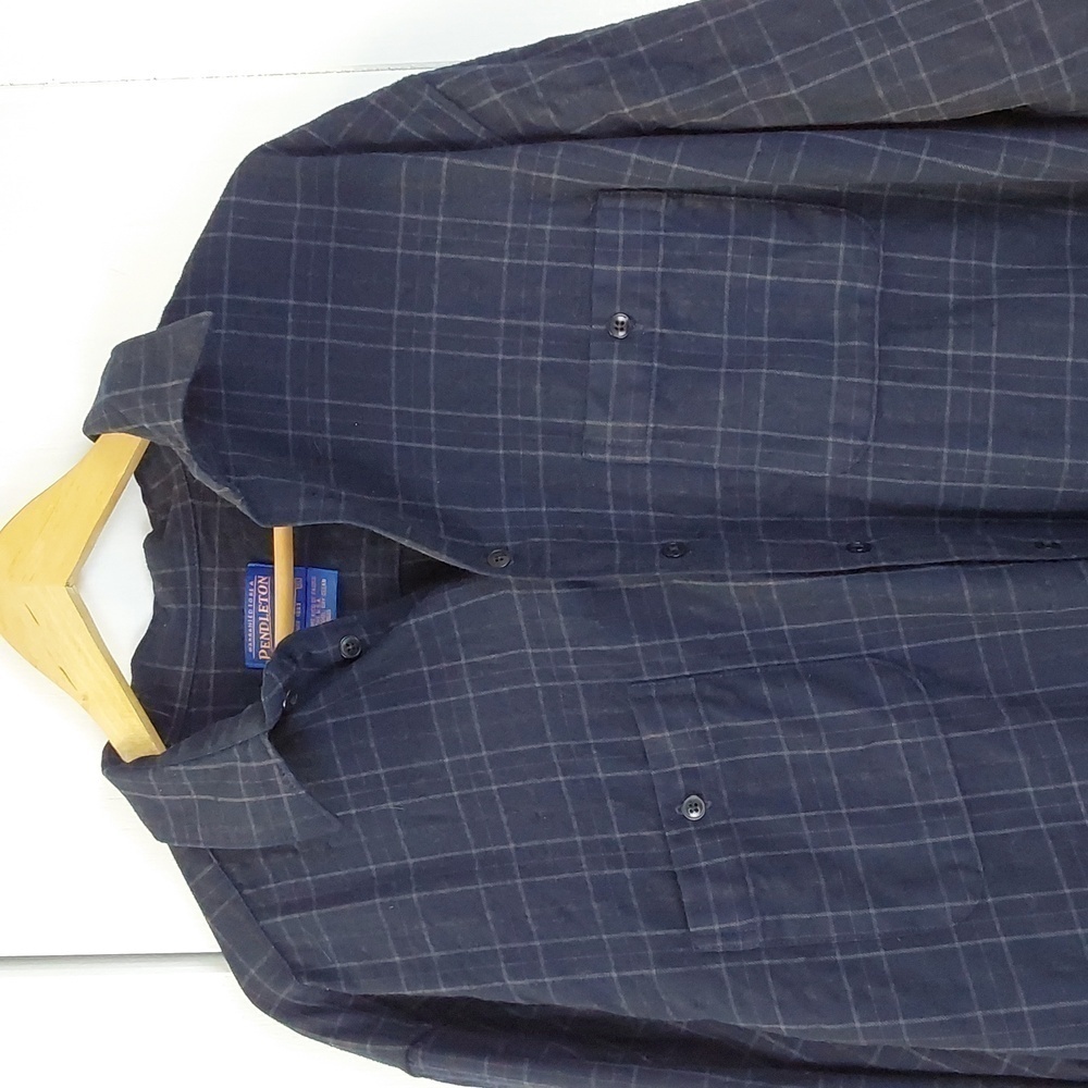Pendleton |Mens Blue Navy Plaid Virgin Wool Preppy Dress Shirt Pockets Sz.XL